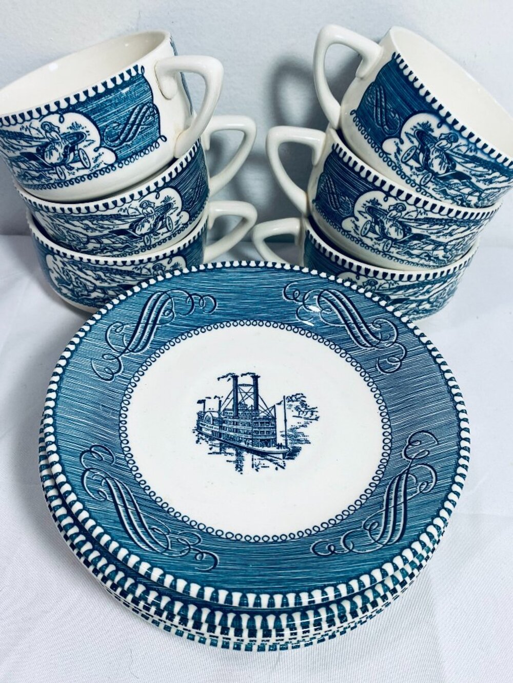 6 Sets VNTG Currier & Ives Royal Blue Cups & Saucers Sets, 1950's, EUC